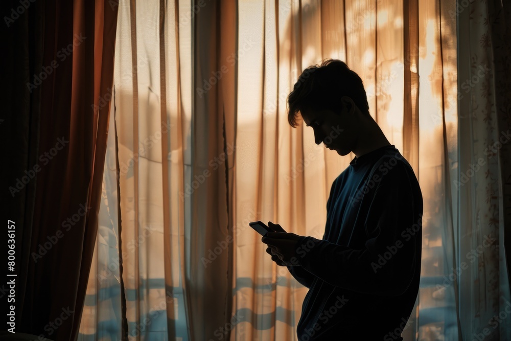Aufkleber A man standing in front of a window, using his cell phone. Suitable for technology concepts