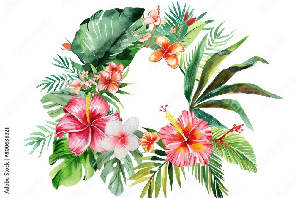Poster a beautiful wreath made of tropical leaves and flowers. perfect for adding a touch of nature to any 
