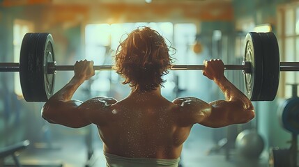 Muscle Power and Focus: Rear-View Weightlifting Session - obrazy, fototapety, plakaty