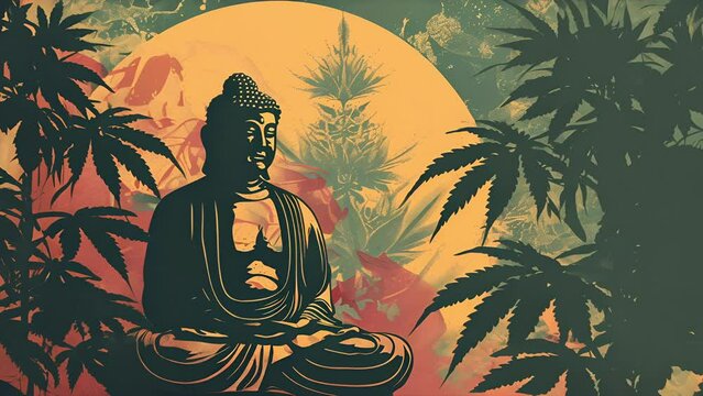 Pushing towards buddha meditating between marijuana plants. Background for Thai based cannabis company logo.