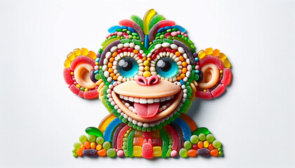 A happy monkey made entirely out of candy pieces