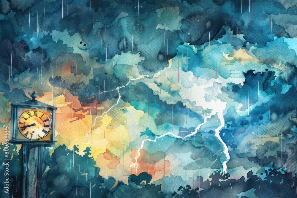 Poster A realistic painting of a clock in the rain. Suitable for various design projects