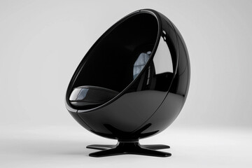 A futuristic egg chair with a glossy black finish and integrated touchscreen controls, isolated on solid white background.