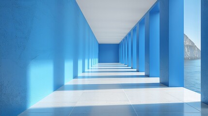 Naklejka premium A long hallway with blue walls and a window overlooking the ocean, AI