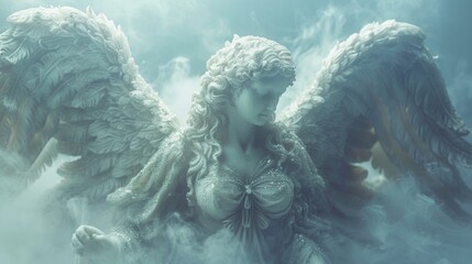 Fototapeta premium A beautiful angel statue in the clouds with a white dress, AI