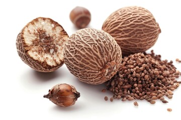 Assorted nuts and seeds displayed on a white background. Ideal for healthy eating concept