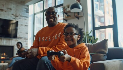 a black father and son sit on the couch playing vampires - obrazy, fototapety, plakaty