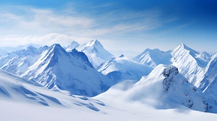 Snowy mountains panorama. Winter panoramic landscape with blue sky.