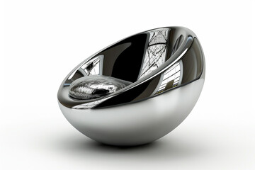 A futuristic silver egg chair with a glossy finish, isolated on solid white background.