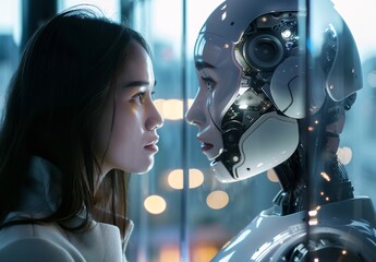 Fototapeta premium a businesswoman and an ai robot are facing each other in front of glass