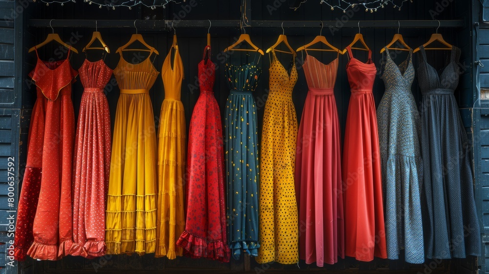 Sticker A row of dresses hanging on hangers in a store window, AI