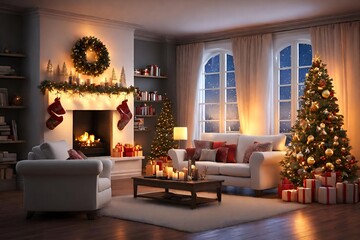A Christmas Themed Living Room Aglow With The Warm Radiance Of A Flickering Fire And Decked Out Tree  Background