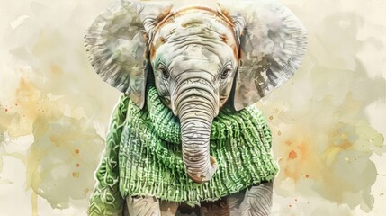 A painting of an elephant wearing a sweater. Suitable for children's books or winter-themed designs