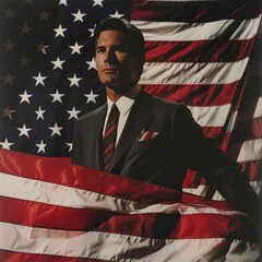 man dressed in a suit and tie stands confidently in front of an American flag, symbolizing patriotism and professionalism.