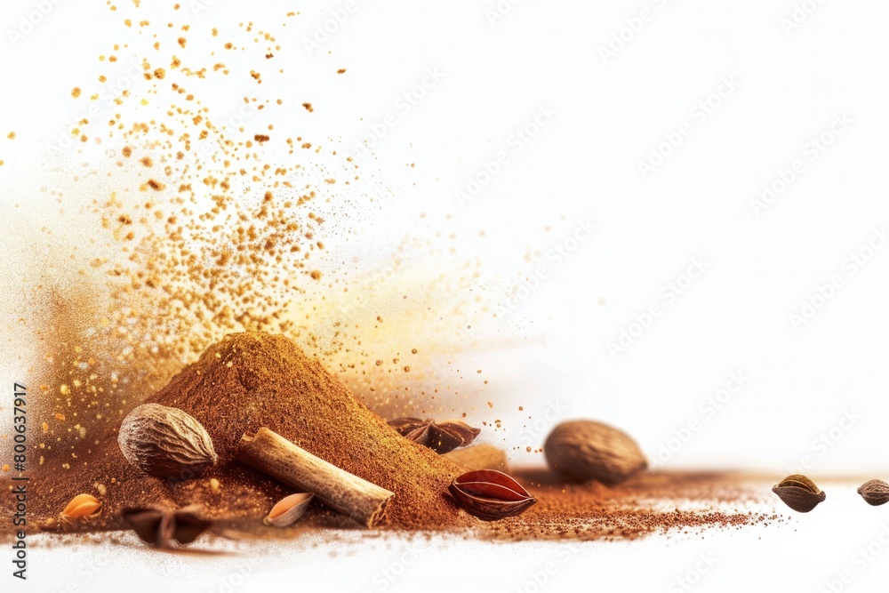 Poster a variety of spices and nuts displayed on a white surface. perfect for culinary and food-related pro