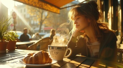 woman is seated at a table, holding a cup of coffee. - obrazy, fototapety, plakaty