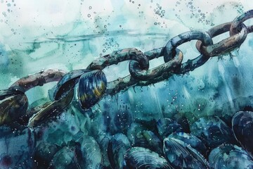 A painting of a chain and clams in the water. Suitable for marine life illustrations