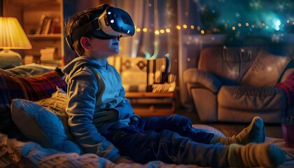 3-year-old child with virtual reality glasses at home