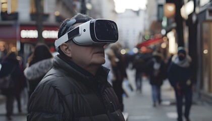 Middle-aged man with virtual reality glasses on urban streets