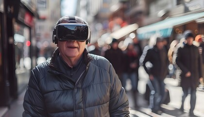 Elderly man walking the streets of a modern asian city with virtual reality glasses