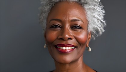 Close-up of beautiful 60-year-old afro-american woman's smiling face on gray background