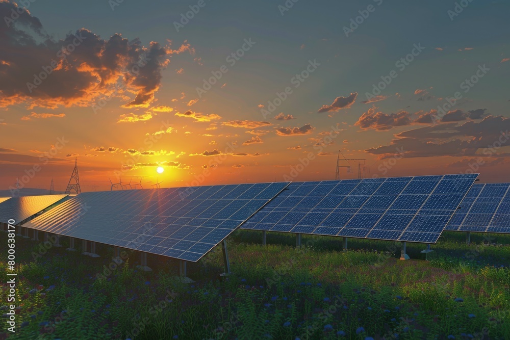 Poster a field of solar panels with the sun setting in the background. perfect for renewable energy concept