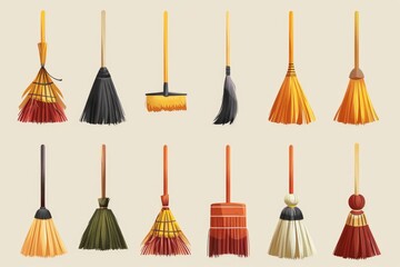 Various brooms in different colors, perfect for household and cleaning themes - Powered by Adobe