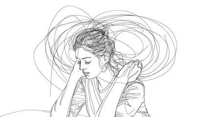 Detailed drawing of a woman with her hands covering her face. Suitable for emotional concepts