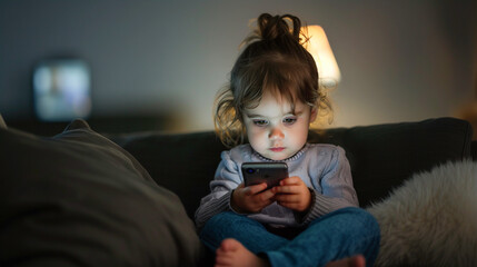 Little caucasian girl sitting on a sofa and holding mobile phone, watching cartoons, the child is...