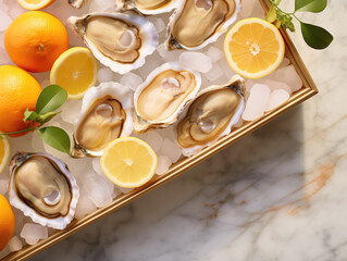 Fresh oysters on ice served with lemon slices on a marble tray