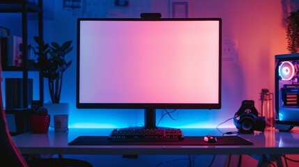 Blank mockup of a monitor in a gaming setup with colorful LED lights .