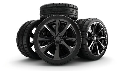 Set of Four Black Car Wheels and Tires. Modern Vehicle Rims. Automobile Parts in a Studio. High-Quality Performance Tyres. AI