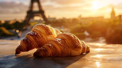 a close-up of two golden brown croissants in front of the eiffel tower in Paris