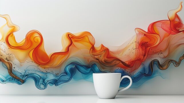 A cup of coffee is sitting on a table next to colorful swirls, AI