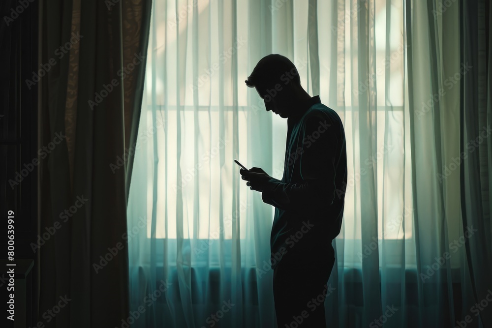 Poster A man standing in front of a window, checking his cell phone. Suitable for technology and communication concepts