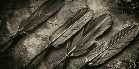 Three feathers arranged on a table, suitable for various concepts and designs