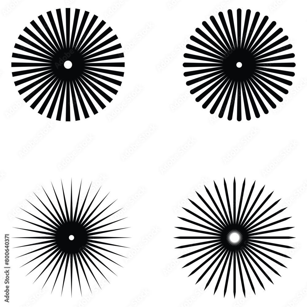 Aufkleber radial sun burst. black-white round sunburst icons. starburst circles. abstract stripes with center.