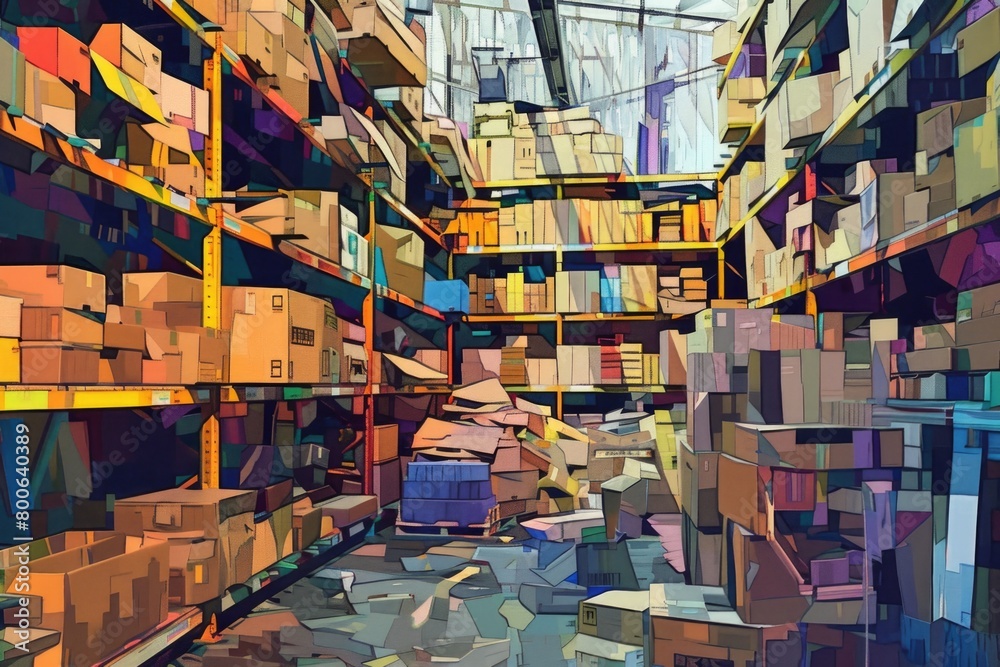 Poster a painting of a warehouse filled with numerous boxes. ideal for logistics and storage concepts