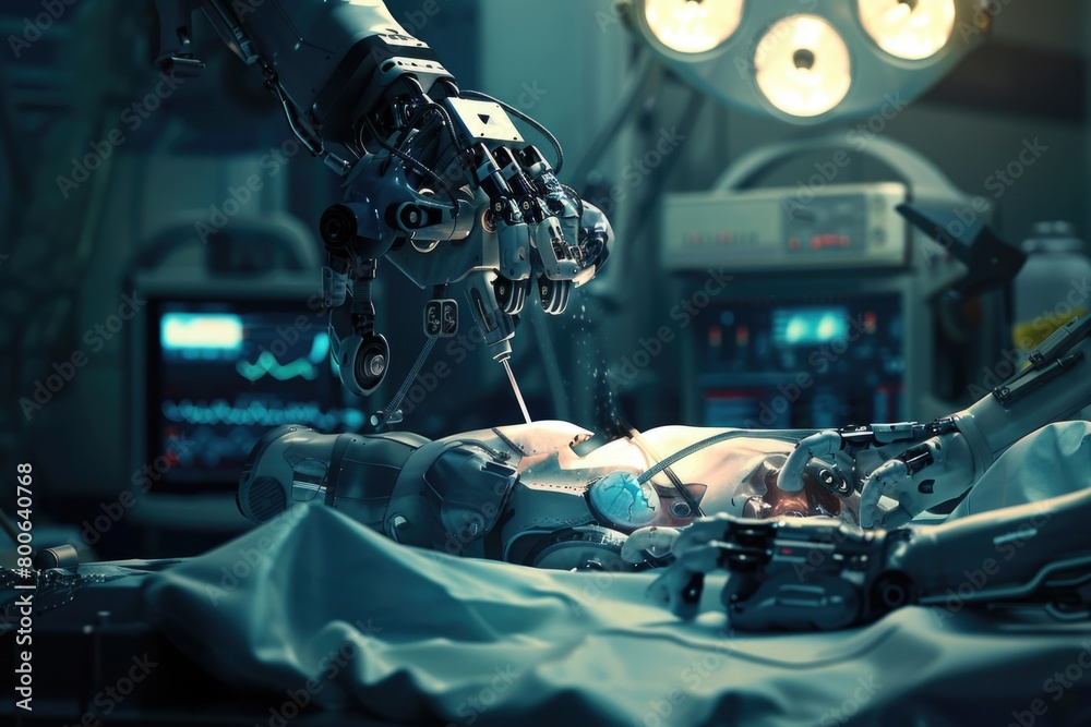 Poster a robotic hand performing surgery in an operating room. suitable for medical and technology concepts