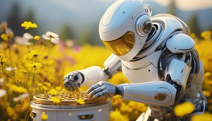 A robotic beekeeper, designed from discarded household items, tending to a hive in a blooming