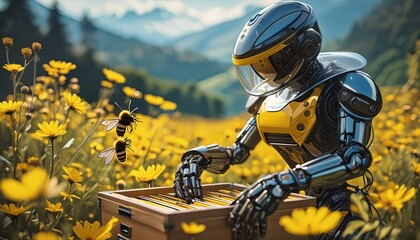 A robotic beekeeper, designed from discarded household items, tending to a hive in a blooming - obrazy, fototapety, plakaty