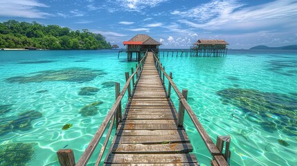 Maldives islands, tropical paradise coast, wooden pier. Exotic vacation destination, beach background.