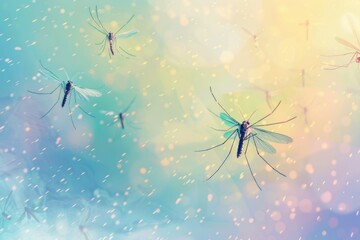 Group of mosquitos flying, suitable for pest control concepts - obrazy, fototapety, plakaty