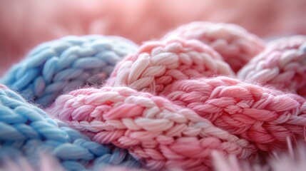 close-up image of a pile of colorful crocheted yarn neatly stacked on a wooden table, showcasing the soft textures and variety of colors.