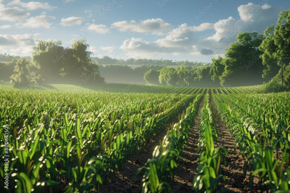 Poster lush green grass field with trees in the background. ideal for nature or landscape concepts