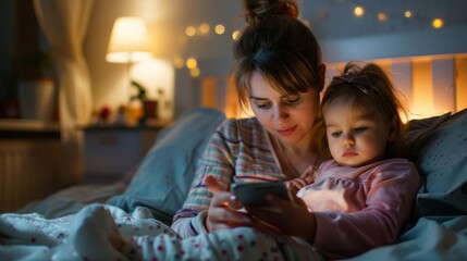 Woman and Child Sitting on Bed Looking at Cell Phone
