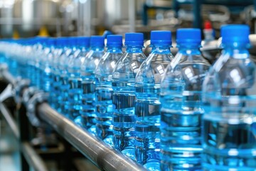 Bottled water bottles moving on a conveyor belt. Suitable for industrial and manufacturing concepts