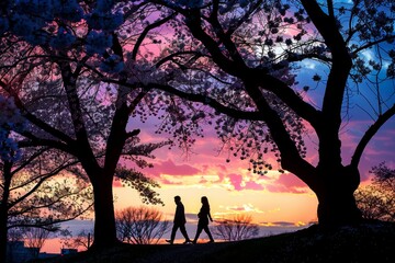 The purple hues of twilight create a dreamlike atmosphere as a couple walks leisurely beneath the cherry blossoms