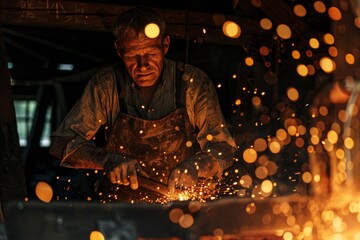 An intense blacksmith focused on his work with sparks flying from the hot metal he's hammering on an anvil in a dim workshop