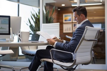 Confident professional evaluating paperwork at a modern workspace with a laptop and coffee on the table